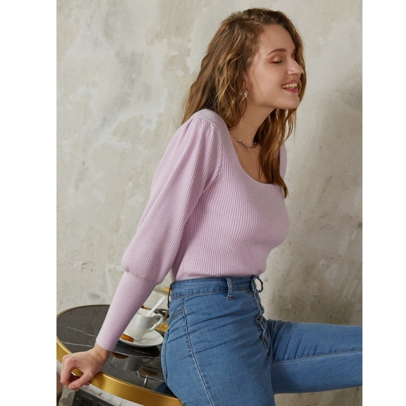 Lilac Puff Sleeve Square Neck Knit Top - Picture 5 of 12